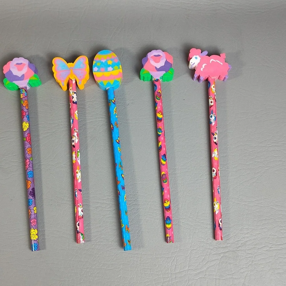 Vintage Lisa Frank Easter Pencils With Large Eraser Tops 6 Pieces Unsharpened